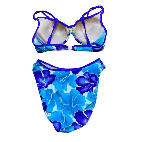 90s Blue Floral Print Bikini Set High Thigh Blue & White Underwire Padded Top Ad - Picture 2 of 8